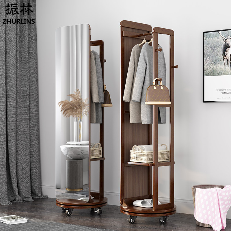 Solid wood clothes hat rack full body mirror integrated hanger floor bedroom full body full body mirror swivel Nordic minimalist modern