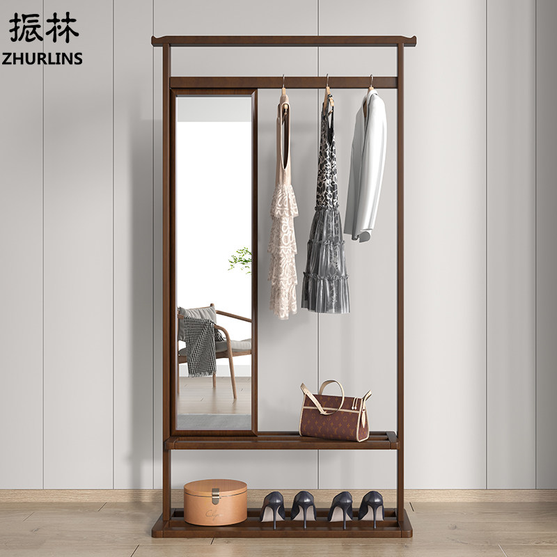 Solid wood hanging hanger sub-body mirror integrated living room full body mirror clothes hat rack bedroom full body mirror multifunction with mirror