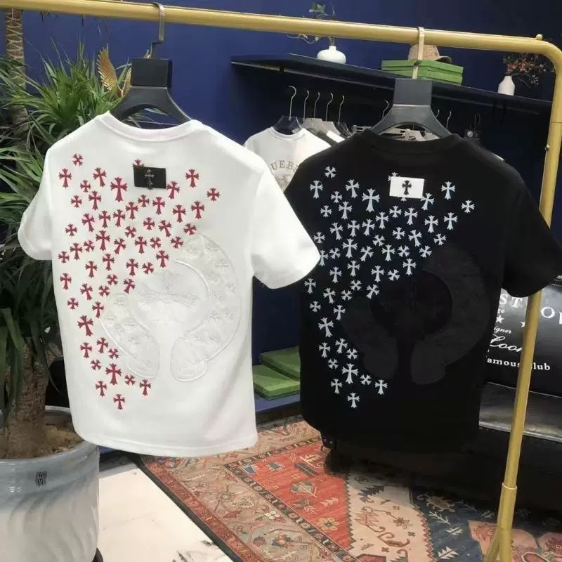 Heavy-Duty Cross Leather Label Embroidered Short-Sleeve T-Shirt for Men and Women, Couple Style, Loose, Light Luxury, Trendy Brand, Casual Round-Neck Top ins