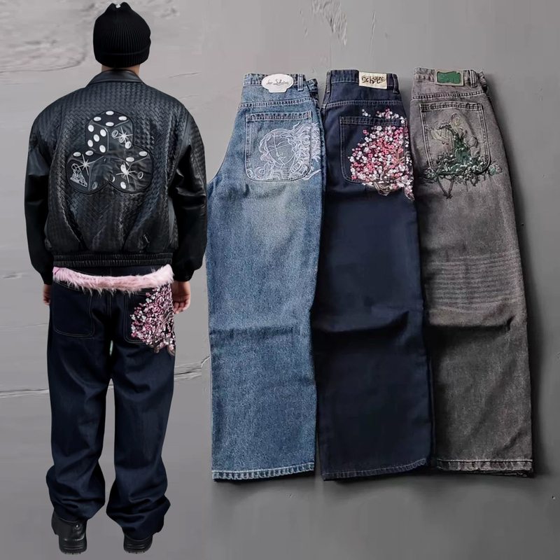 American High Street Derschutze Style Cross-Border Heavy Embroidery Cherry Blossom Statue Straight-Leg Jeans Men's Trendy Pants