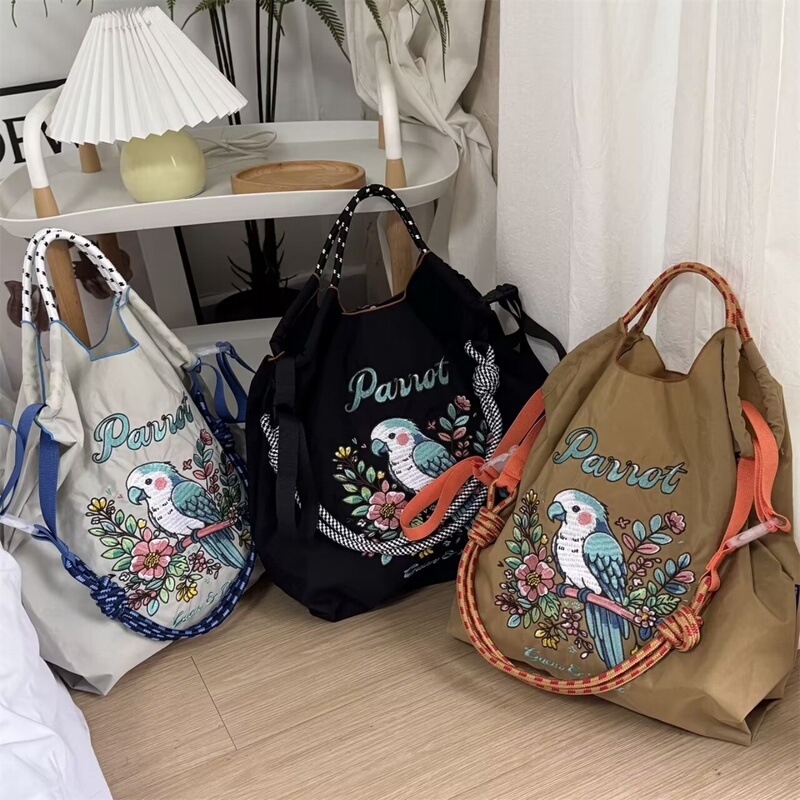 Japanese-Style Parrot Embroidered Nylon Eco-Friendly Drawstring Large Capacity Commuter Versatile Shopping Bag Shoulder Bag Crossbody Bag for Women