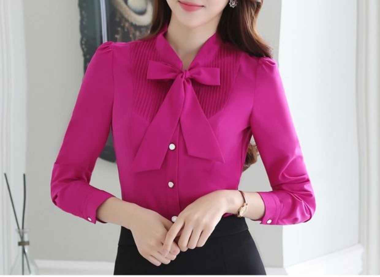 Áo sơ mi trắng tay dài voan mới 2018 mùa xuân mới nơ thời trang chuyên nghiệp áo sơ mi cộc tay áo sơ mi kẻ nữ dài tay