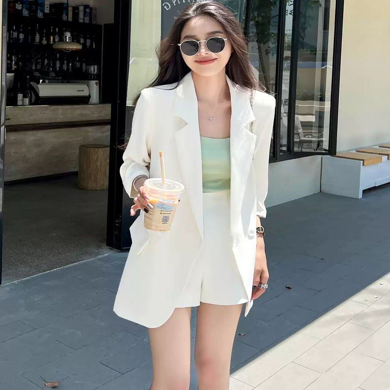 White Suit Shorts Set for Women 2026 Summer Thin Style Elegant Commuting Casual Three-Quarter Sleeve Sun Protection Blazer for Women
