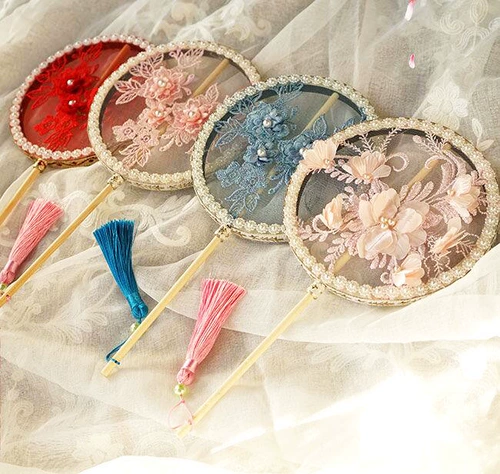 Детский круглый веер, ханьфу, аксессуар, с вышивкой, в цветочек