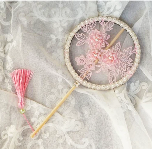 Детский круглый веер, ханьфу, аксессуар, с вышивкой, в цветочек