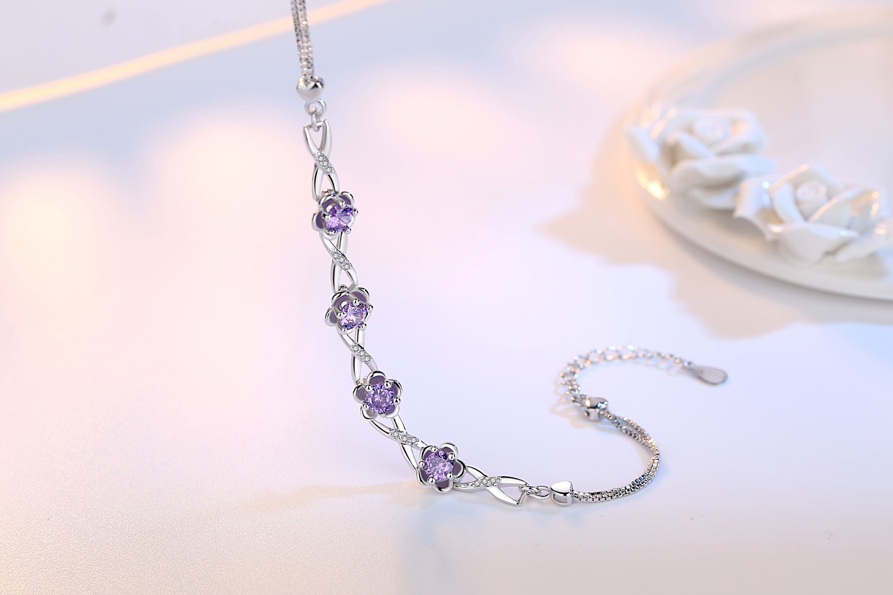 Sansheng Sanshi Shili Taohuayuan sterling bạc vòng đeo tay cô gái mận hoa tay tay trang sức kim cương pha lê điều chỉnh - Vòng đeo tay Cuff vòng tay kim cương
