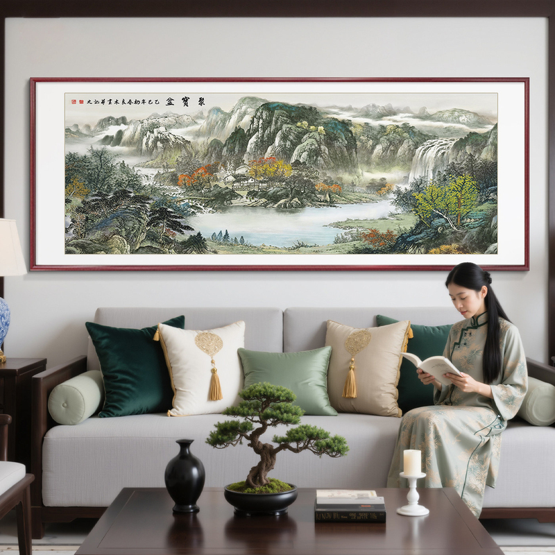 Prosperity Landscape Painting for Living Room Wall Decoration, Wealth-Generating Sofa Background Wall Art, New Chinese-Style Office Mural