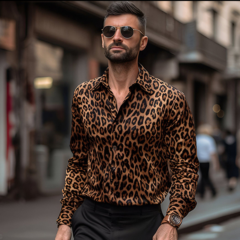 Trendy Small Square Collar Slim Fit Leopard Print Long-Sleeved Shirt for Male Hairstylists, Nightclub Disco Dancers, and Singers Performing