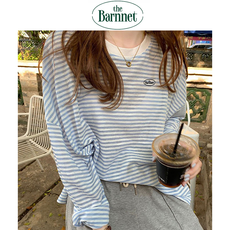 [Official Authentic Product] Korean the Barnnet Eight Milk Stripes Long Sleeve T-Shirt for Women, Korean Style Round Neck Sun Protection Cover-Up