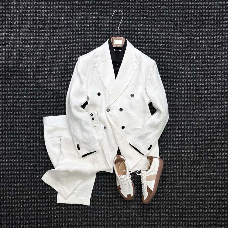 Italian-Style 100% Linen Summer Thin Suit Set for Men, Naples Notch Lapel Semi-Lined Casual Suit