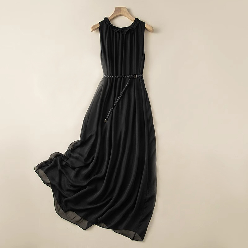 Sleeveless Stylish Silk Dress for Women, New Summer High-End Elegant Black Mulberry Silk Fairy Long Dress Beach Dress Sleeveless Stylish Silk Dress for Women, New Summer High-End Elegant Black Mulberry Silk Fairy Long Dress Beach Dress