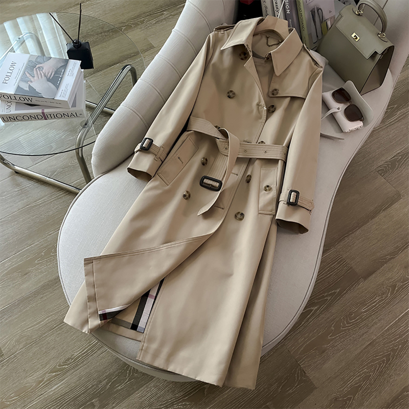 High-End Designer Khaki Long Trench Coat for Women, 2026 Autumn, Elegant Double-Breasted Coat, British Style Classic Over-The-Knee Coat