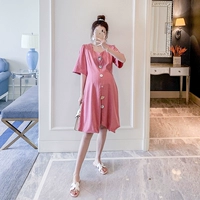 Đầm bà bầu mùa hè mới 2019 cổ áo vuông thắt eo thời trang thủy triều mẹ mùa hè Váy retro Pháp - Áo thai sản đầm bầu