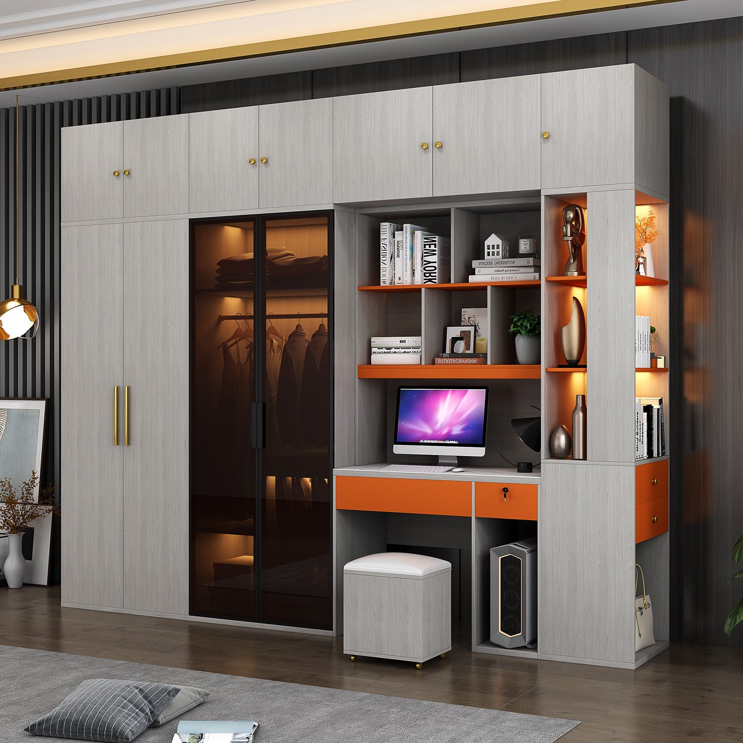 Glass door wardrobe minimalist modern computer desk integrated Home bedroom Small family type cabinet overall large closet