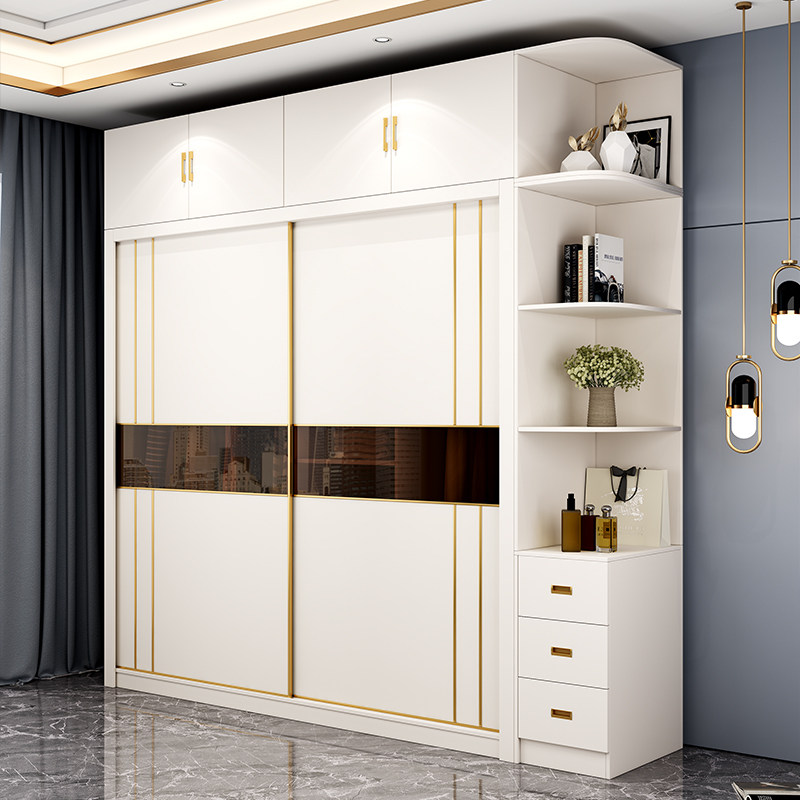 Solid wood wardrobe sliding door simple modern bedroom home cabinet multi-layer ecological board small apartment sliding door wardrobe