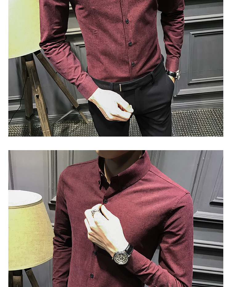 Áo sơ mi dài tay mùa thu và đông nam Slim phiên bản Hàn Quốc của áo sơ mi nam đẹp trai màu sắc giản dị xu hướng quần áo nam hoang dã mua áo sơ mi