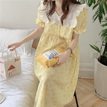 Pajamas for women summer style ins style short-sleeved pure cotton plaid sweet floral v-neck nightgown can be worn outside casual home clothes