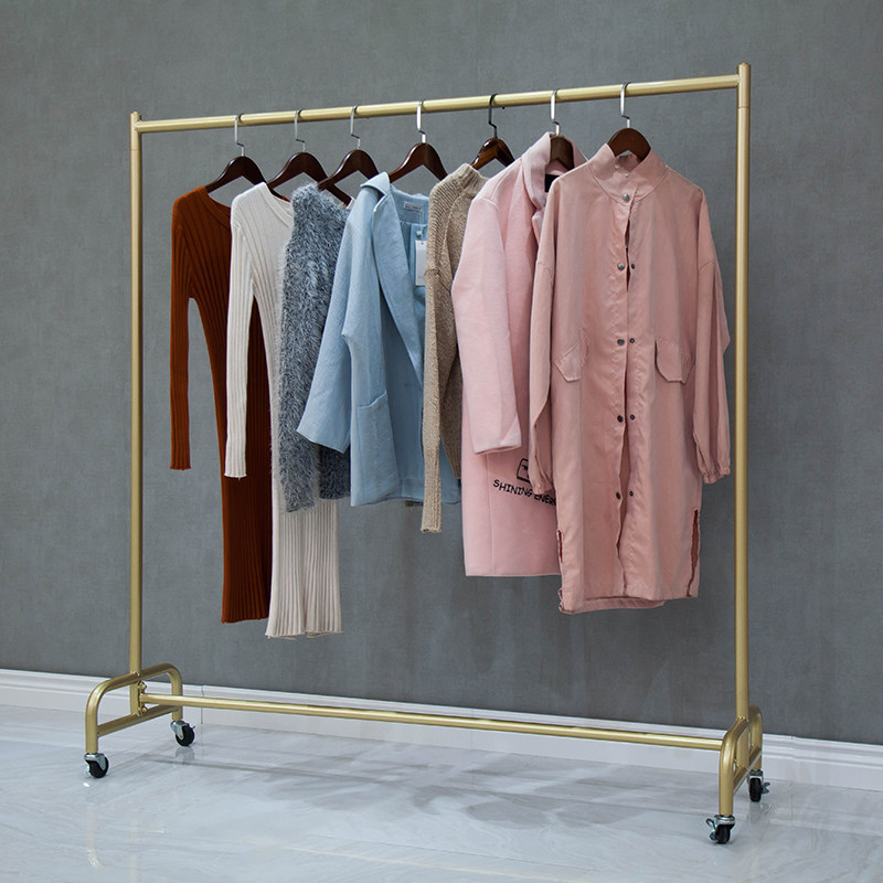 Simple modern clothing hanger floor-to-ceiling cloak rack bedroom net red gold water pipe gantry shelf shelves with wheels