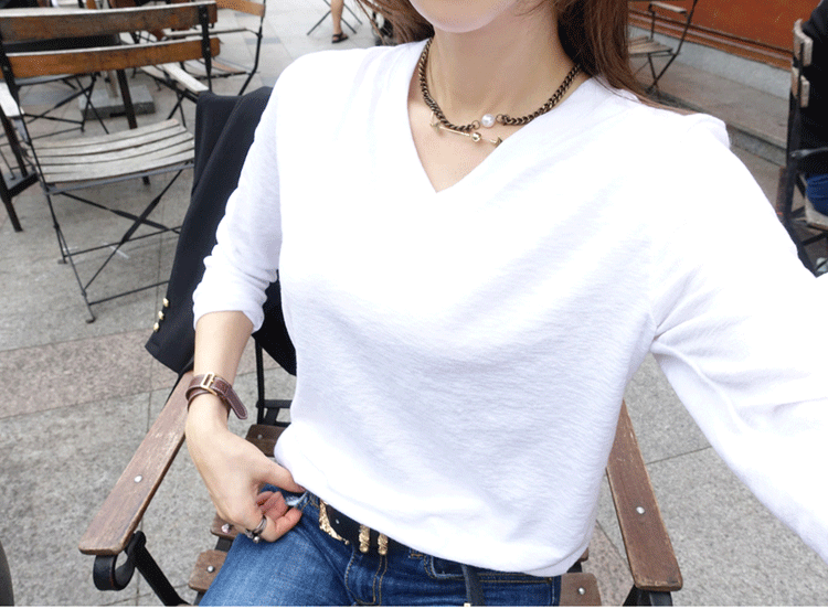 Mùa xuân 2018 mới và mùa thu Hàn Quốc phiên bản áo rộng của phụ nữ áo thun cotton cổ chữ V có cổ rộng áo phông có cổ nữ