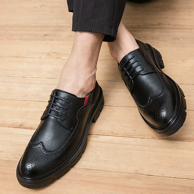 Brock carved leather shoes men's British Korean version of the casual trend thick bottom with high gloss groom wedding men's shoes