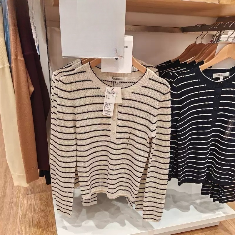 Original Fine-Spun Merino Blend Henry Collar Striped Knit Sweater Women's Collaboration Sweater 488210