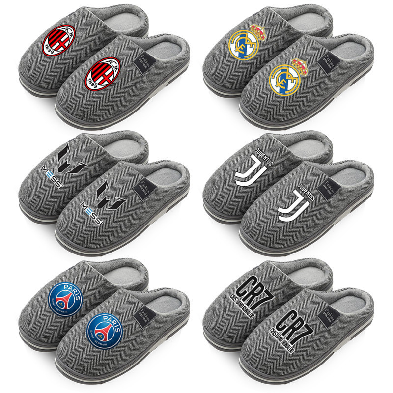 Chelsea Paris Real Madrid Ac Milan Winter Cotton Slippers with Fleece, Messi and Ronaldo Football Furry Slippers for Cold Protection and Warmth