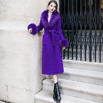 Mid-length double-sided cashmere coat with retro fox fur collar