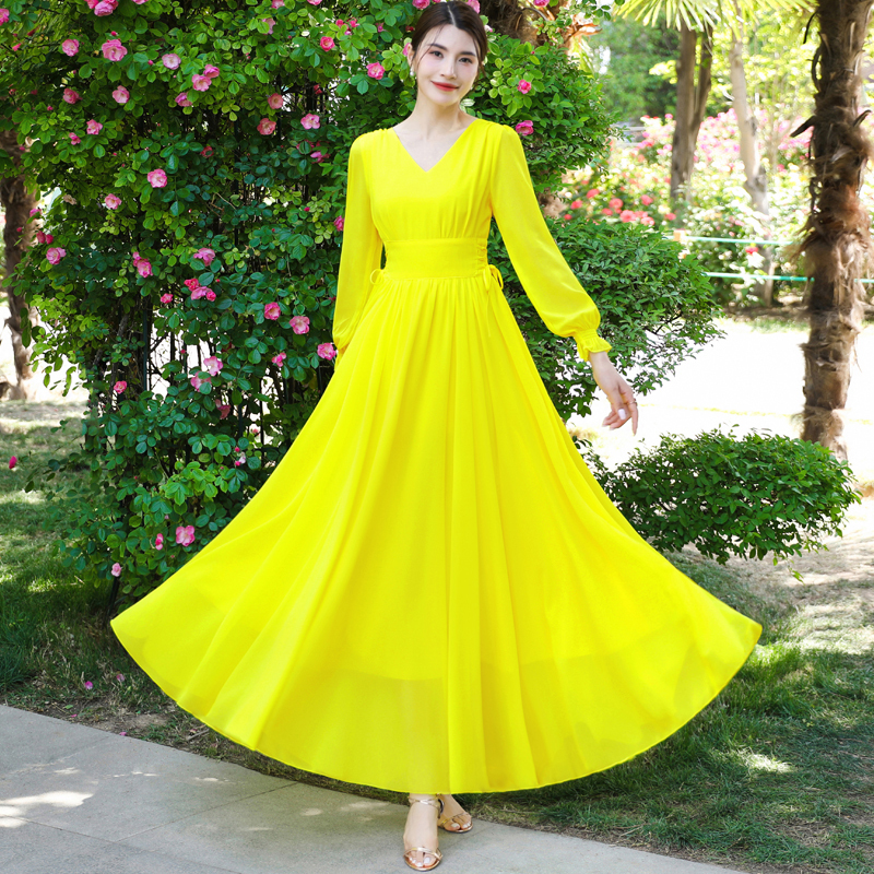 Retro V Neck Long-Sleeved Yellow Long Lace-Up Skirt with Wide Hem for Seaside Vacation Chiffon Pure Color Dress Women's Long Skirt