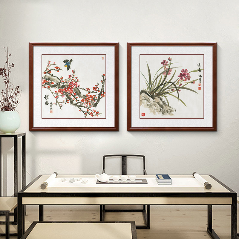 Melan Bamboo Inulin Square Pure Hand Painted Real Trail Dining Hall Decoration Painting Flowers Bird Composition Hanging Painting Country Painting Living Room Background Wall Painting