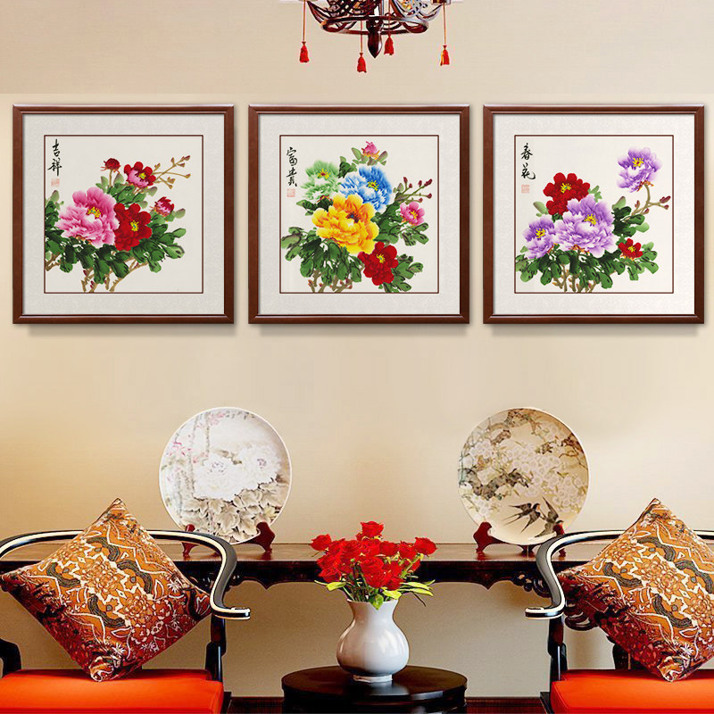 Pure hand-painted peony hanging painting Doufang dining room Chinese painting flowers blooming rich new Chinese living room sofa decoration painting triptych