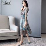 Летнее платье, элитная шифоновая длинная длинная юбка, городской стиль, в западном стиле, цветочный принт