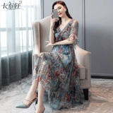 Летнее платье, элитная шифоновая длинная длинная юбка, городской стиль, в западном стиле, цветочный принт