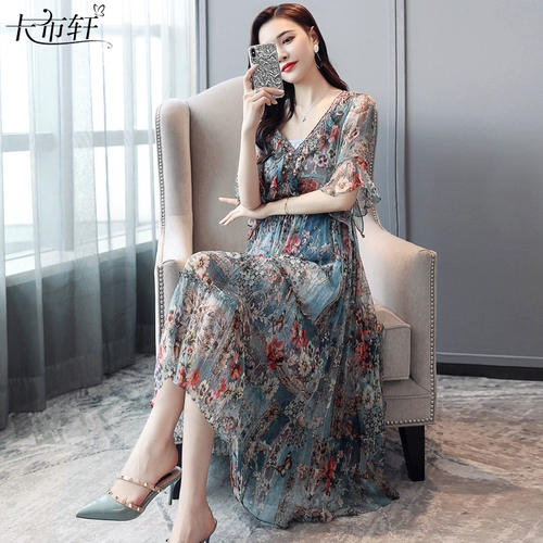 Летнее платье, элитная шифоновая длинная длинная юбка, городской стиль, в западном стиле, цветочный принт