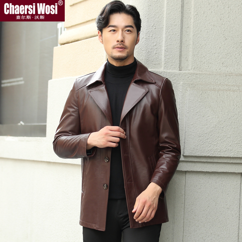 Headlayer Bull Leather Jacket Men Genuine Leather Leather Clothing Male Style Henning Suit Collar Medium Long Version Sashimi Casual Jacket