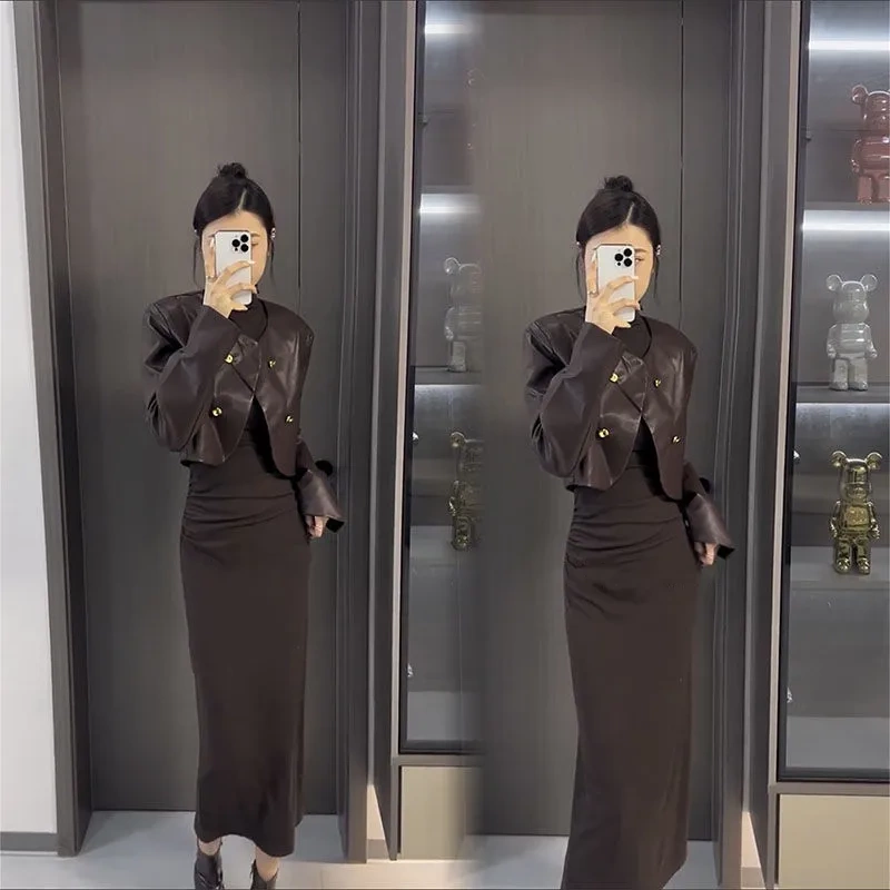2026 Autumn New Korean Style Fashionable and Elegant Outfit: a Complete Set of Slimming Leather Jacket + Dress Set