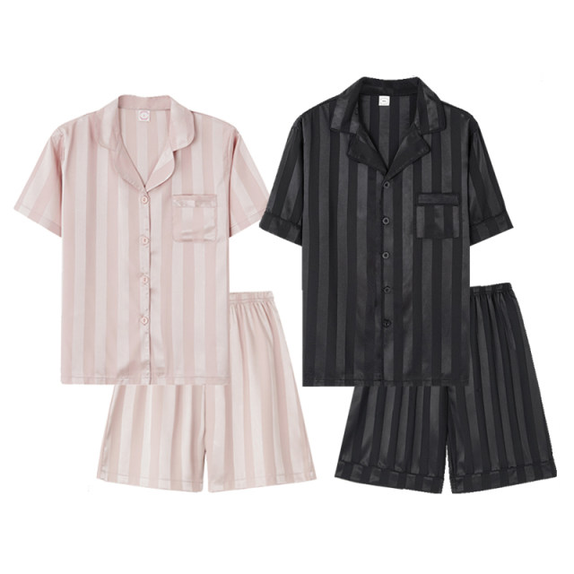 Antarctic Couple Striped Pajamas Summer Ice Silk Short Sleeve Shorts Women's Home Clothes Black Men's Silk Suit