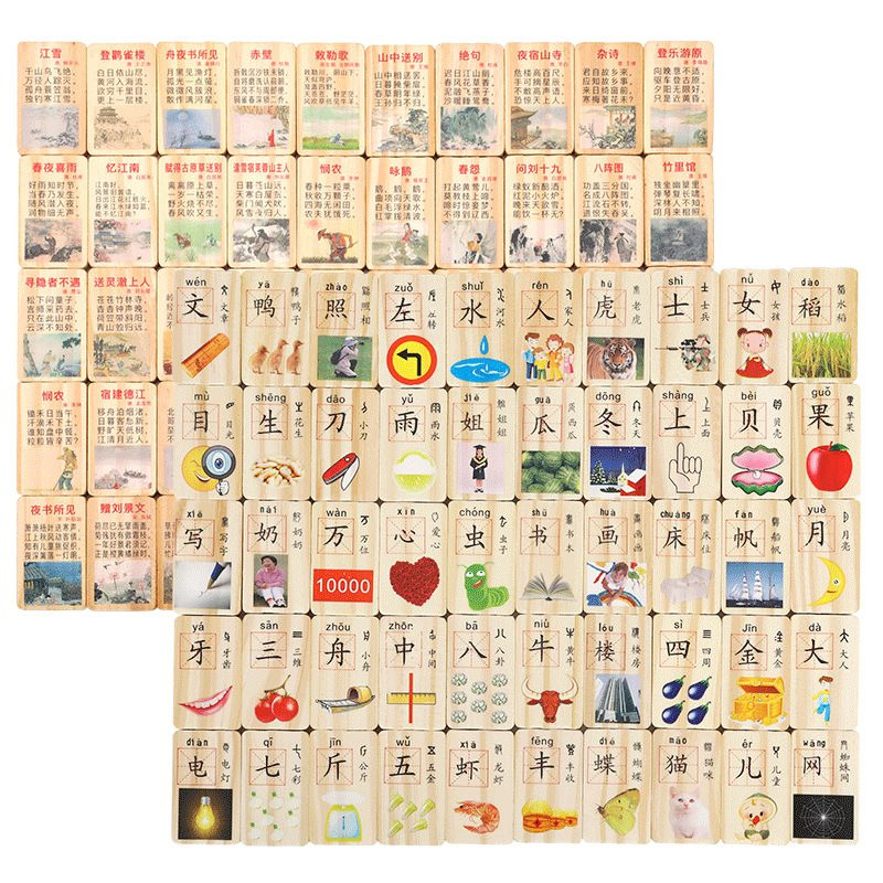 Ancient poetry Chinese characters dominoes 100 pieces of wooden early education building blocks cognitive children's educational toys 3-4-6 years old