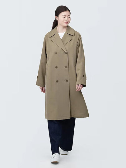 Muji Women's Waterproof Double-Breasted Coat, Trench Coat, Outerwear for Women