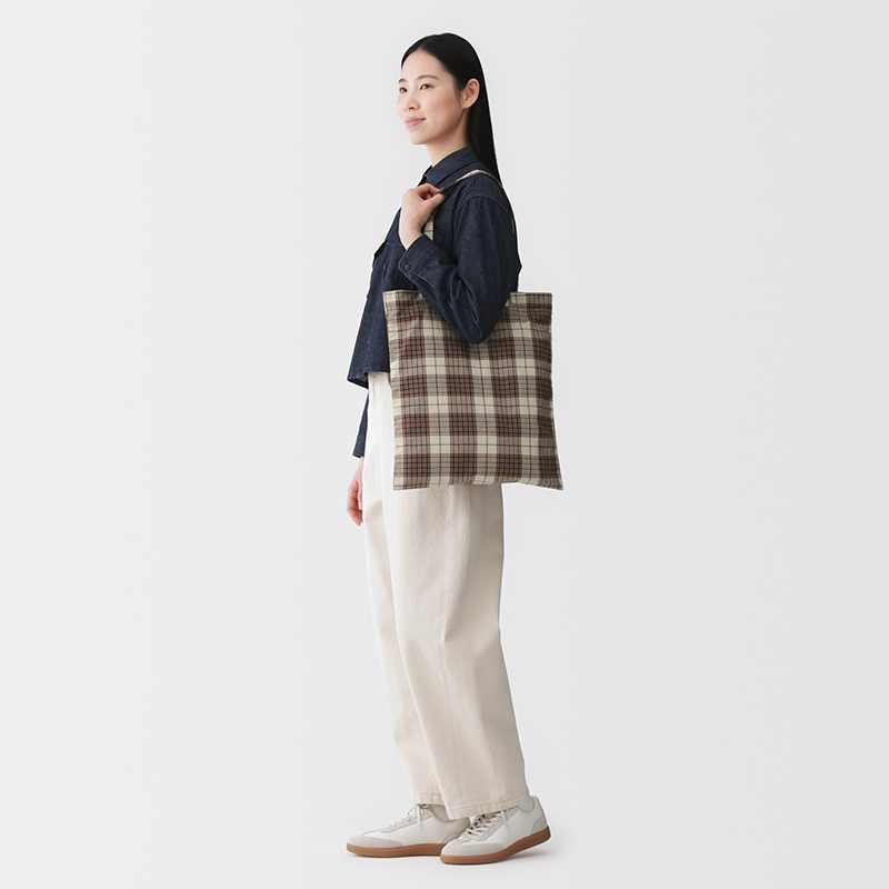 Muji Madras Plaid Tote Bag, Shoulder Bag, Hand-Held Commuter Bag