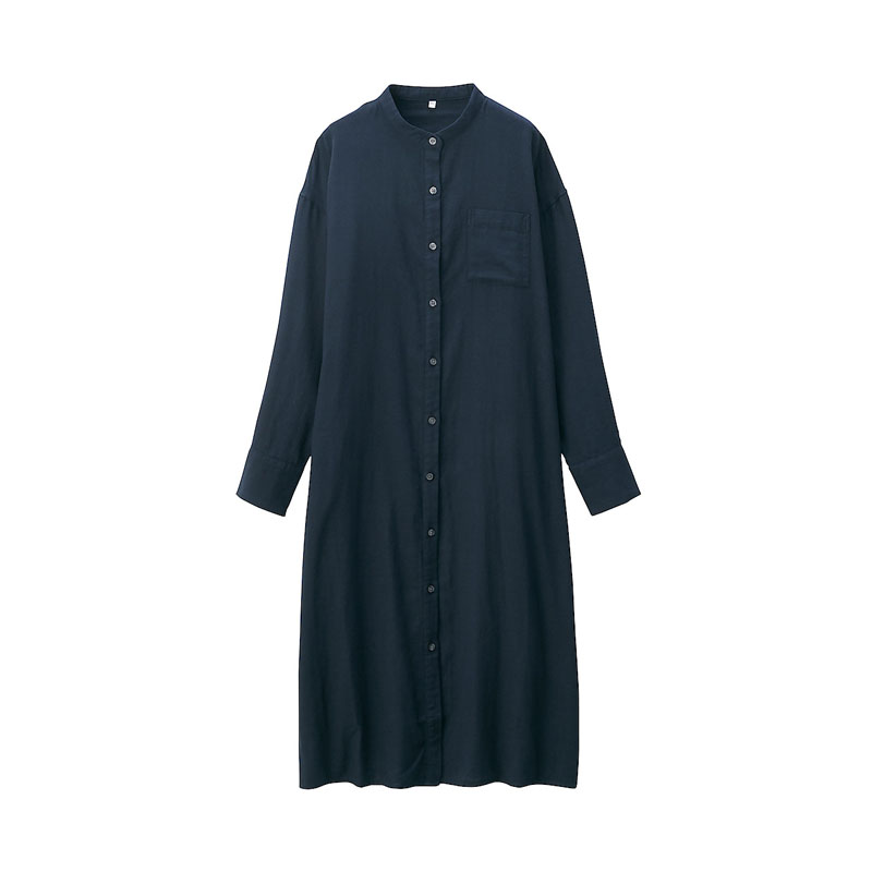 Unprinted fine MUJI women - style Indian cotton double yarn and collar dress