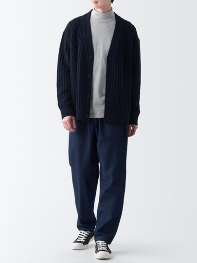 MUJI Men's Merino Wool Cable Pattern V-neck Cardigan Wool Knit Sweater