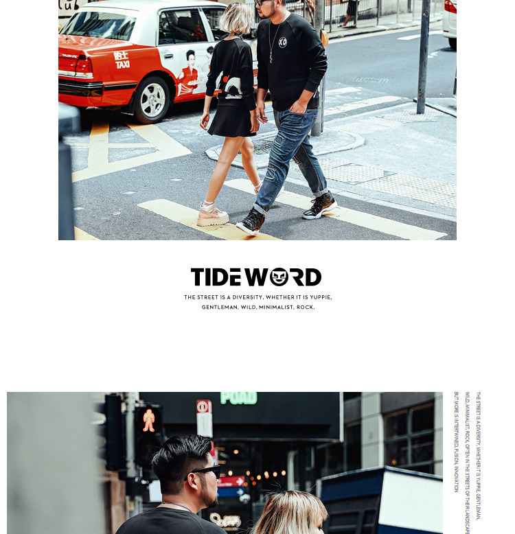 TIDEWORD / triều từ 2017 mới kích thước lớn nam tròn cổ đôi áo len màu mỡ rắn cộng với phân bón tăng thủy triều hoodie đôi