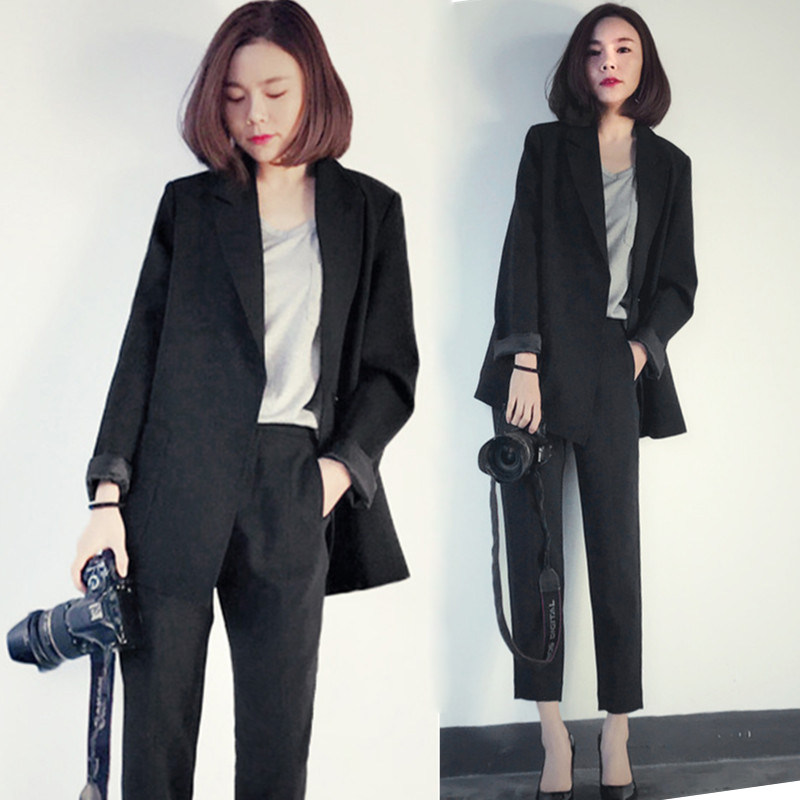 Suit suit women's spring clothes Korean version black loose casual 100 hitch fashion little sub Inron wind design feeling small crowd