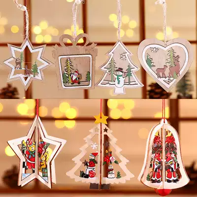 Christmas decorations colorful wooden Christmas laser hollow wooden five-pointed star Bell old man Christmas tree pendant