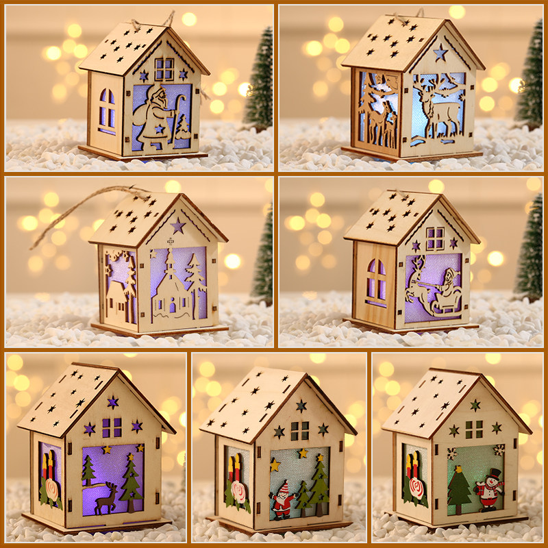 Glowing Christmas children's gifts for the elderly small house wooden house DIY decorations Christmas tree pendant desktop ornaments