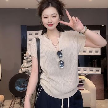 Korean fashionable v-neck short-sleeved sweater for women 2025 summer new slim and versatile solid color casual bottoming top
