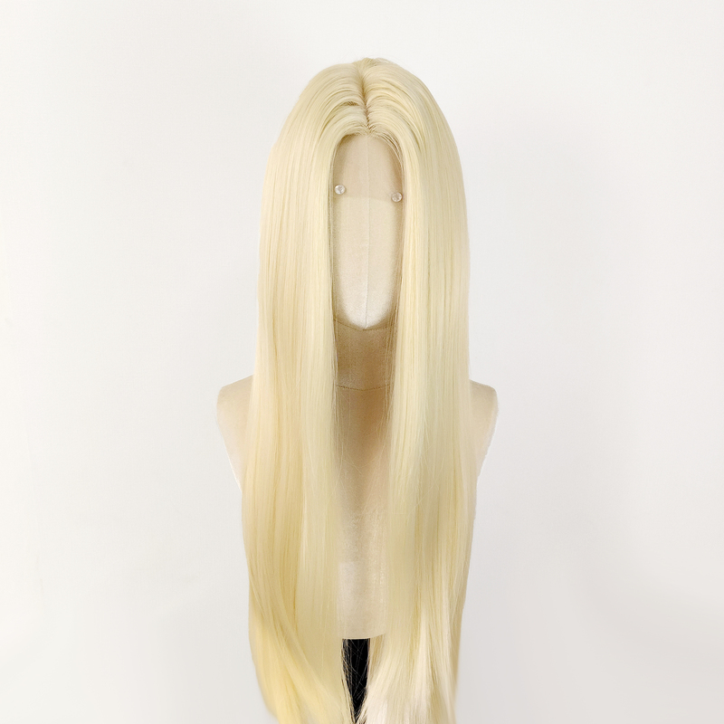 Light Golden Forehead Hand-Tied Wig with Beauty Bangs, Cosplay Wig, 80cm Long Straight Hair, Universal Blank Wig, Ancient Style