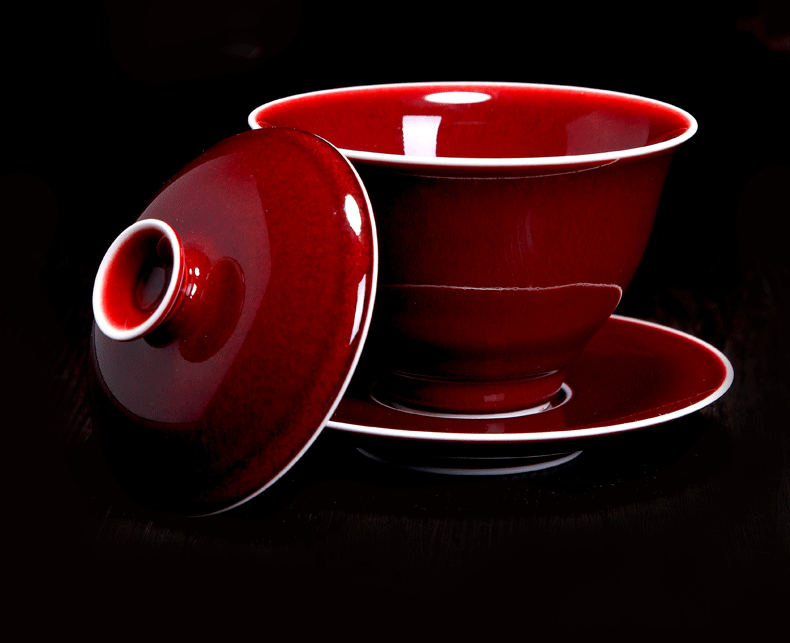 Bo wind 郎 red three tureen jingdezhen ceramic tea set to collect large cups a single large tea bowl