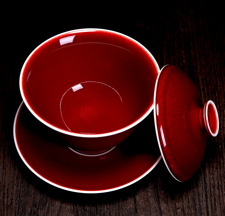 Bo wind 郎 red three tureen jingdezhen ceramic tea set to collect large cups a single large tea bowl