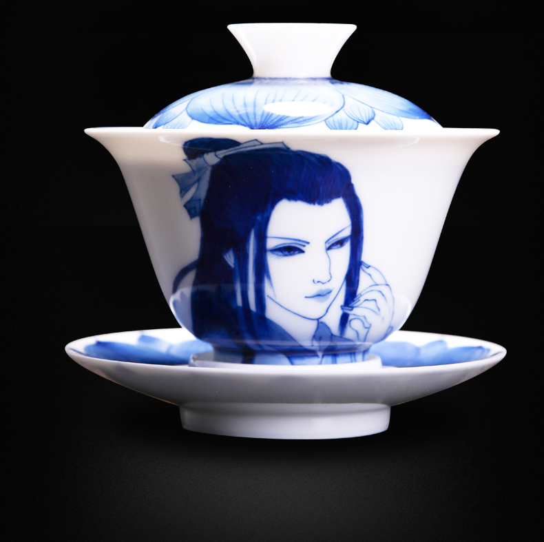 Bo wind jingdezhen checking tea character hand - made three tureen kung fu tea cups ceramic tea cup